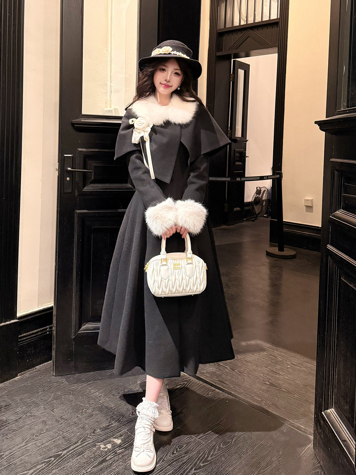 Fur Collar Cape Long Coat BEL0015
