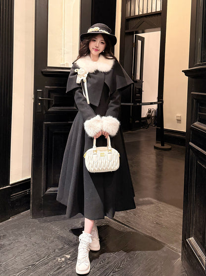 Fur Collar Cape Long Coat BEL0015