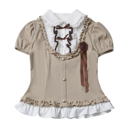 Puff-Sleeve Faux Two-Piece Knit Top And Tiered Skirt Set PIN0024