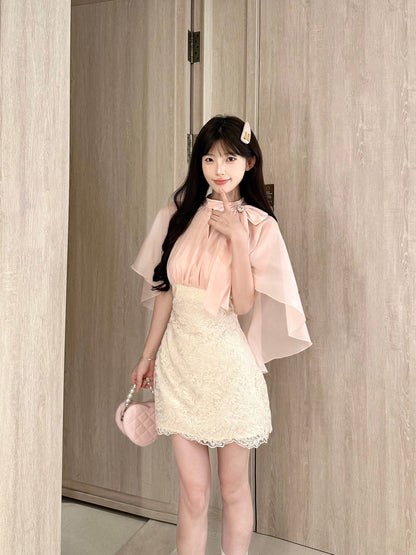 Pink Cape Sleeve Lace Mini Dress BEL0031