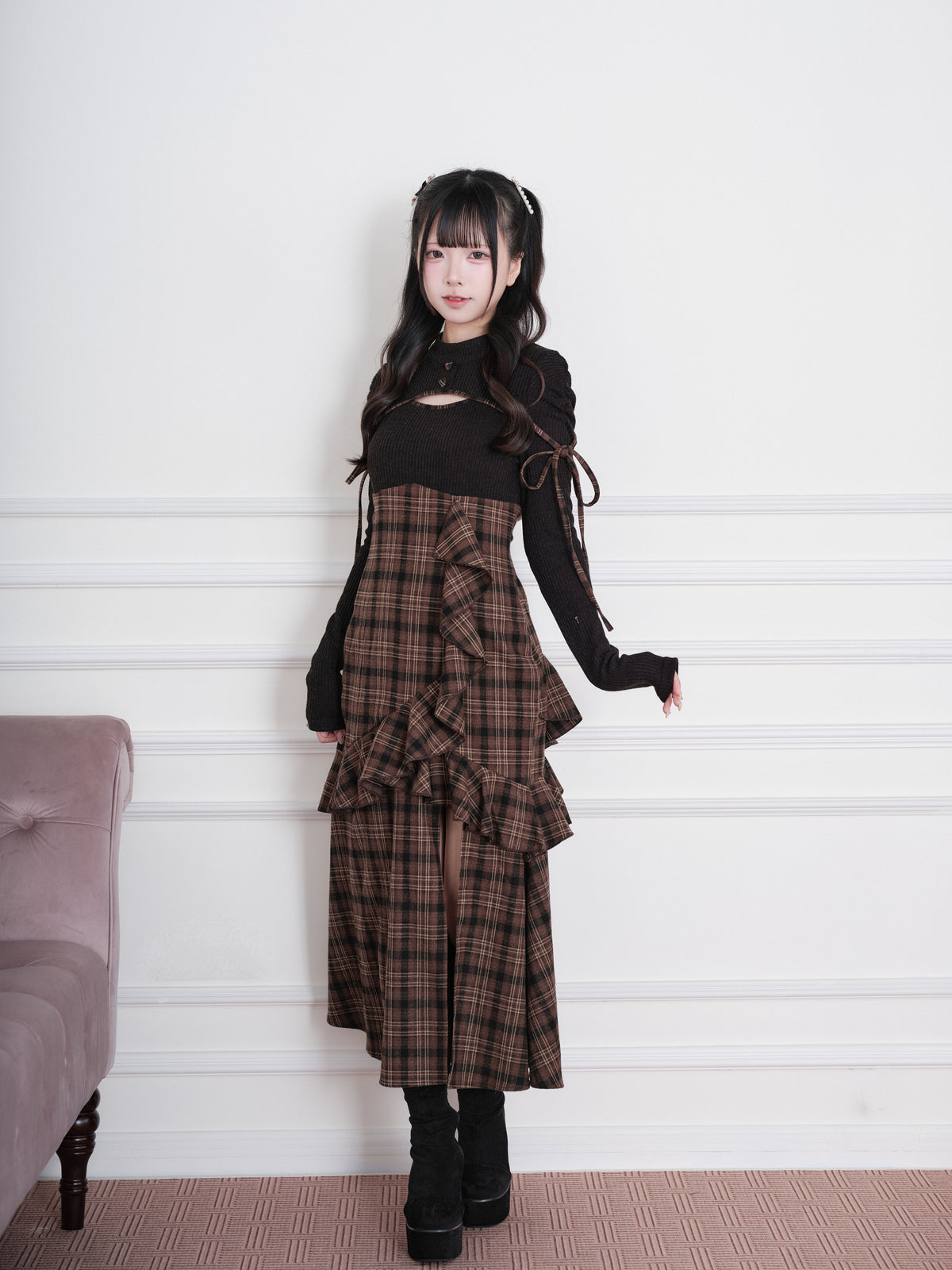 Knit Check Patchwork Long Dress NOG0023