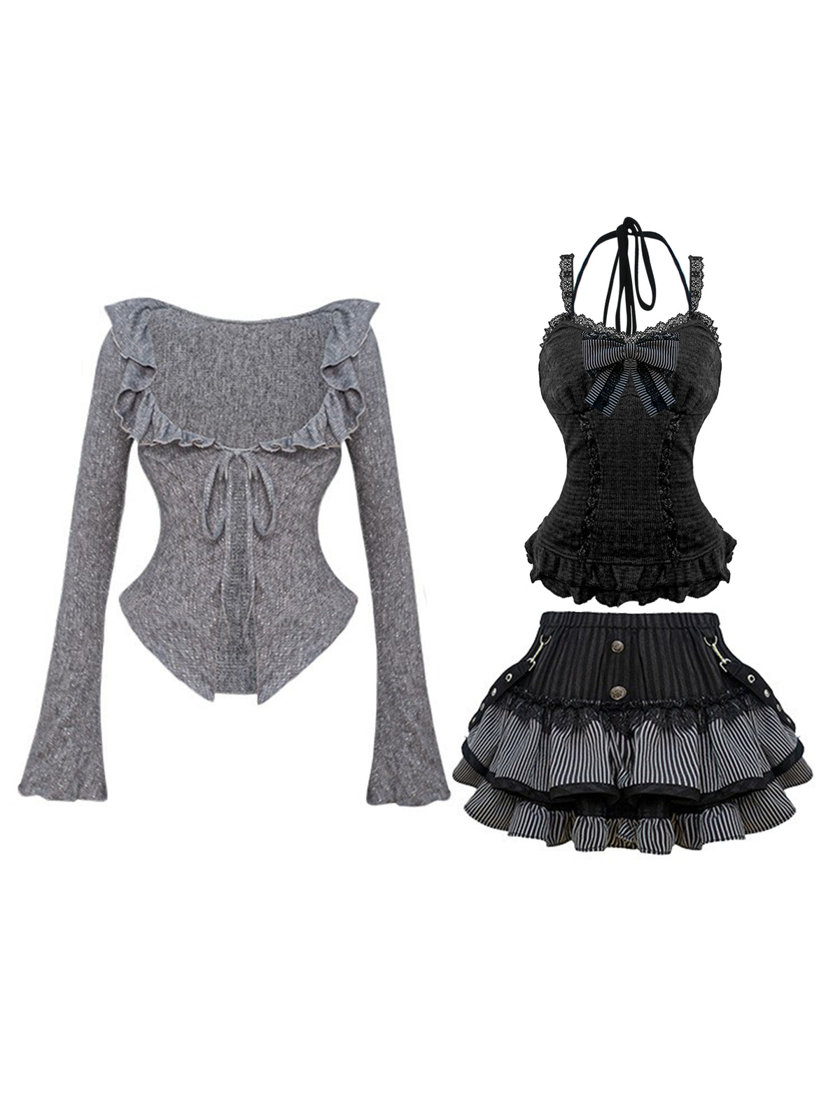 Black Lace Camisole Cardigan And Pleated Skirt Set SER0137