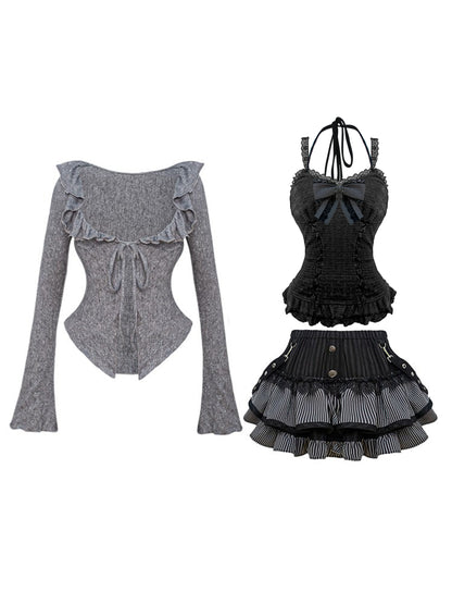 Black Lace Camisole Cardigan And Pleated Skirt Set SER0137