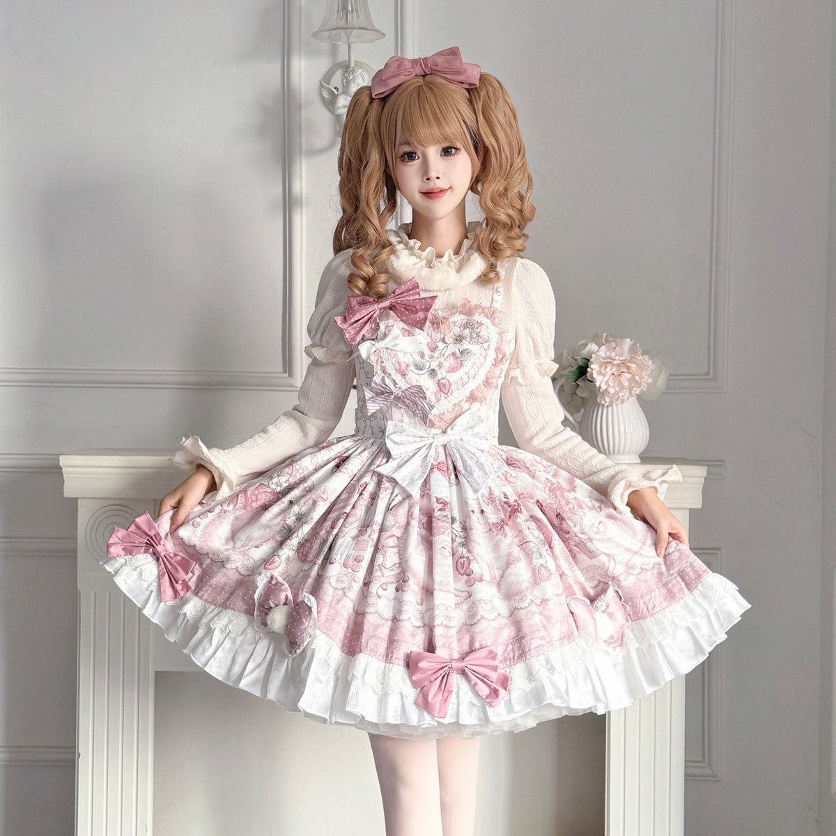 Floral Print Lolita Camisole Dress With Ruffle Cape Set YOU0266