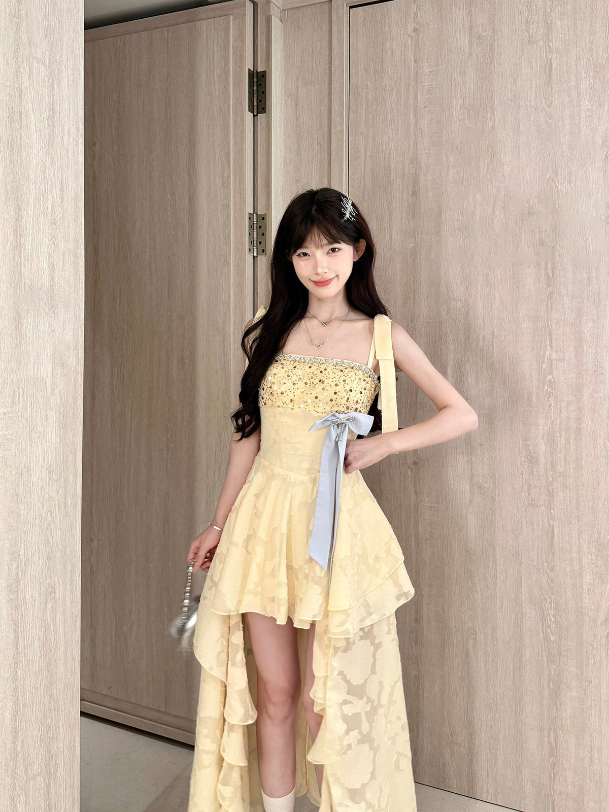 Yellow Lace High Low Tiered Dress BEL0032