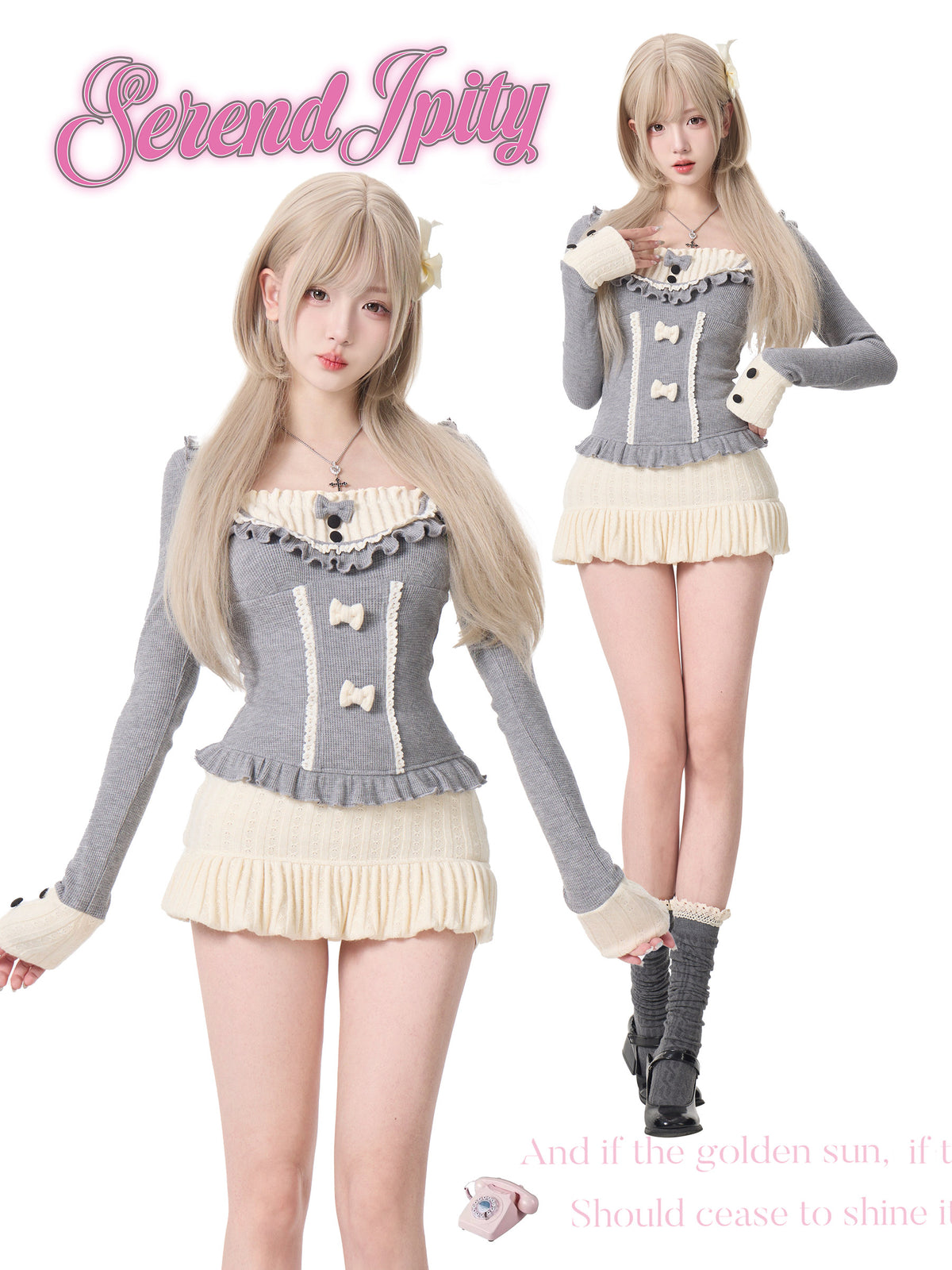 Color Block Knit Top And Ruffle Skirt Set SER0132