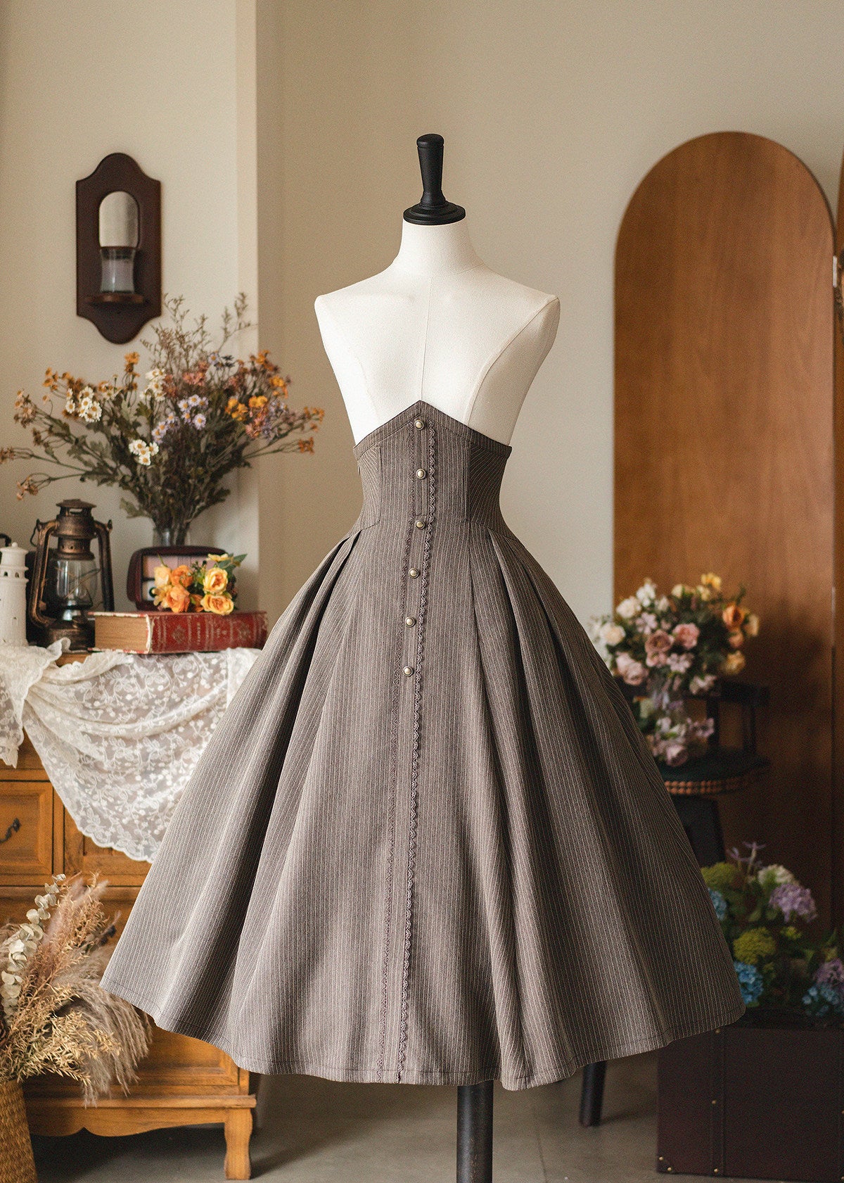 Vintage Pinstripe Button-Front Midi Skirt FOR0071