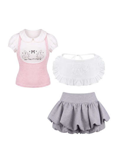 Bunny Print Collar Blouse With Apron Shorts SER0153