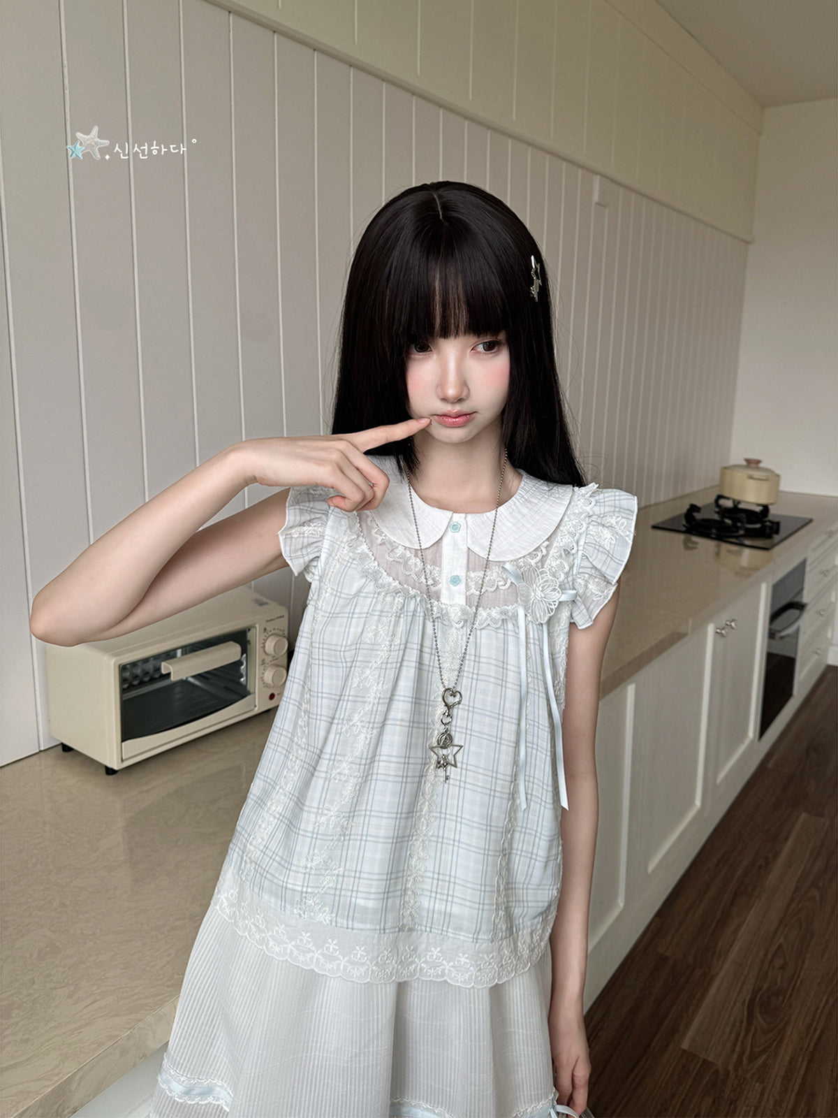 Doll Collar Flutter Sleeve Gingham Check Blouse LAL0224