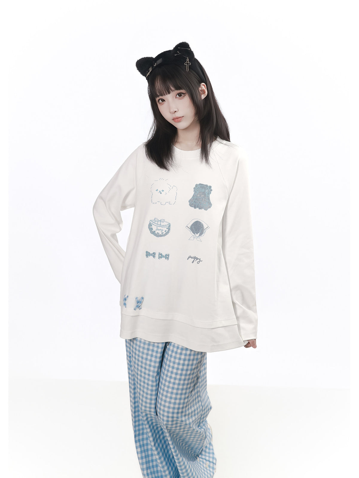 Puppy Patch Long Sleeve Top With Gingham Pants PIN0029