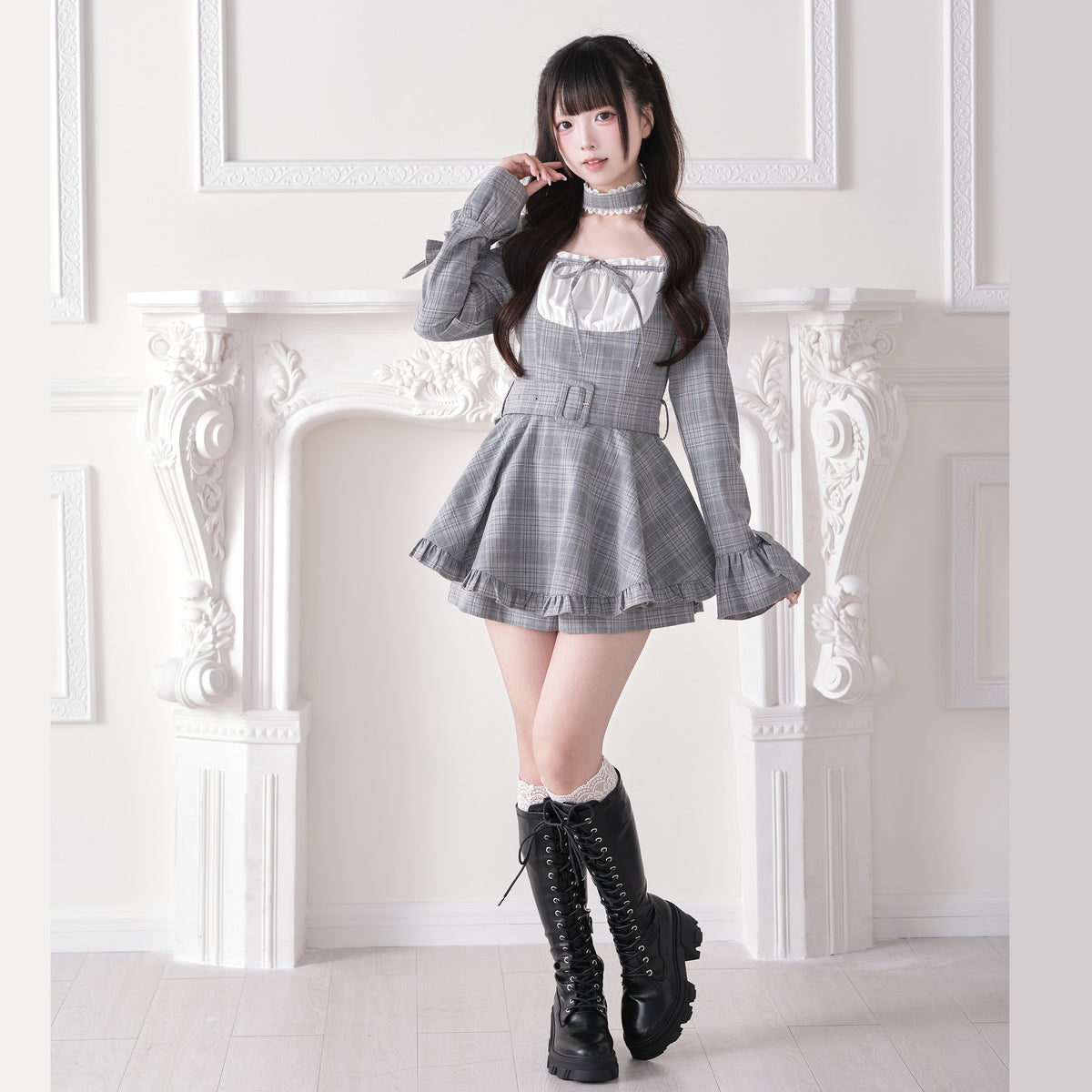 Plaid Square Neck Belted Dress NOG0027