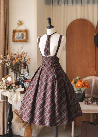 British Vintage Plaid College Suspender Skirt FOR0078