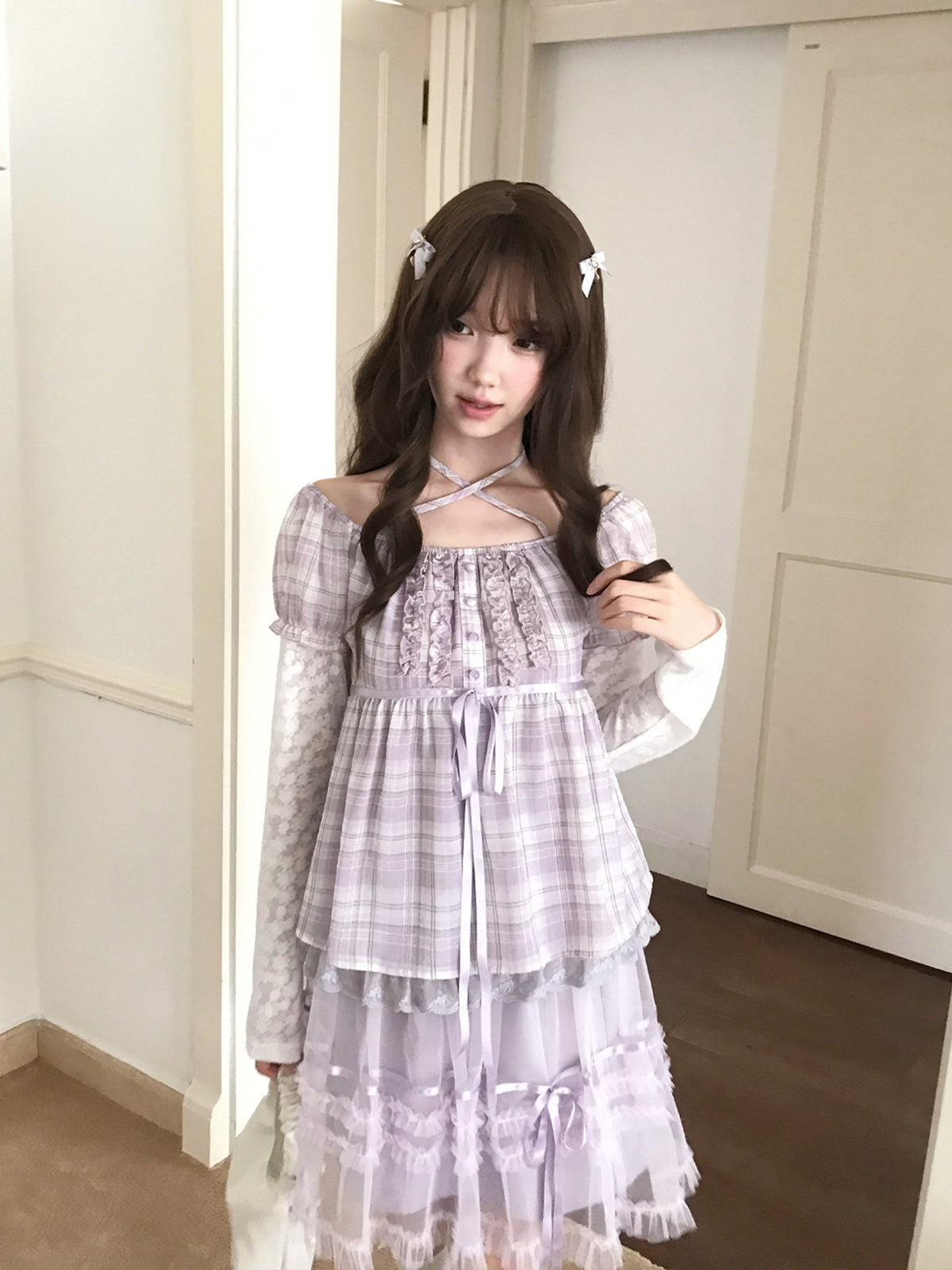 Plaid Puff Sleeve Top And Tiered Skirt Set LAL0242