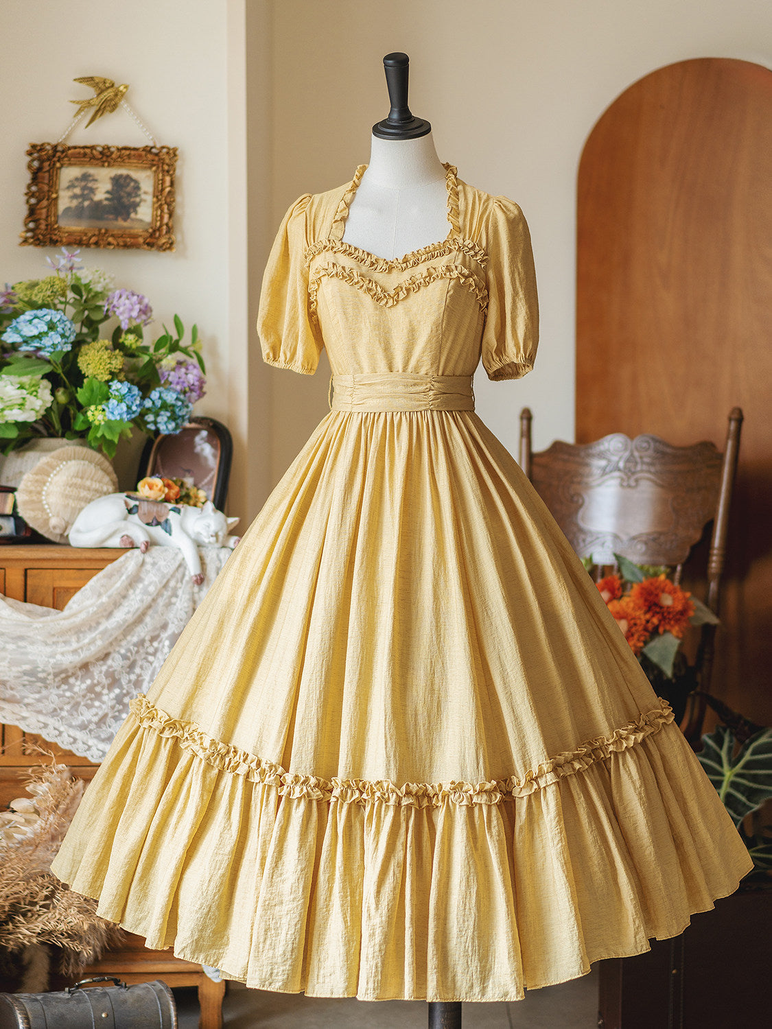Vintage Square-Neck Puff-Sleeve Tiered Dress FOR0073