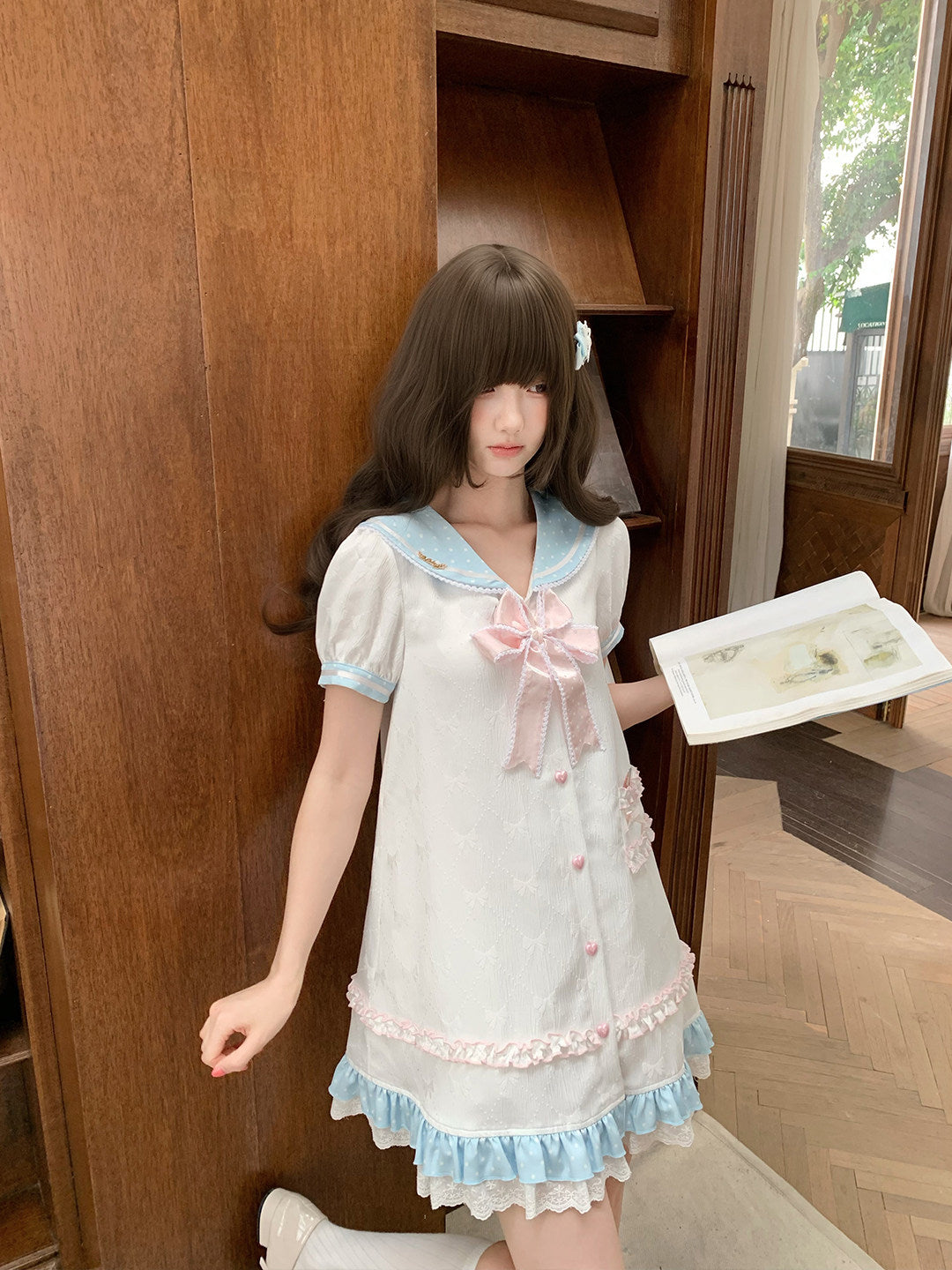 Sailor Collar Puff Sleeve Dress With Ruffle Hem LAL0190