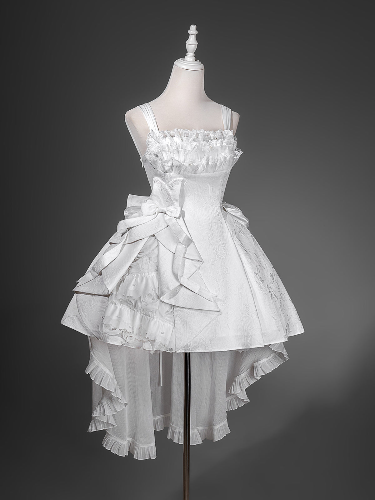 White Lace Ruffle Bow High-Low Train Dress YOU0278