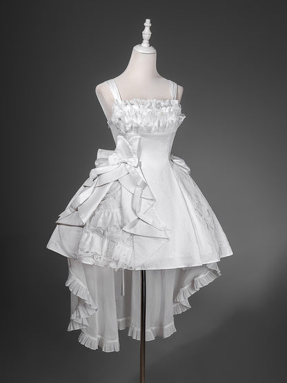 White Lace Ruffle Bow High-Low Train Dress YOU0278