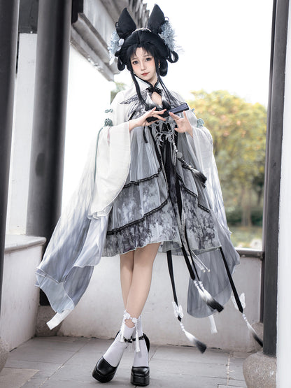Chinese Style Ombre Bird Print Cape Dress YOU0230