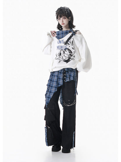 Cutout Shoulder Print Sweatshirt With Plaid Trim PIN0042