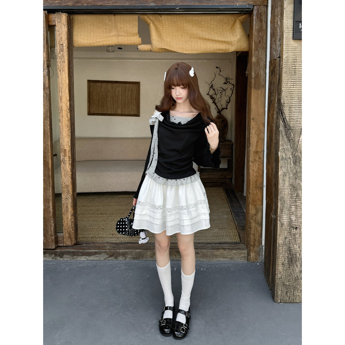 Off-Shoulder Ruffle Knit Top And Tiered Skirt LAL0153