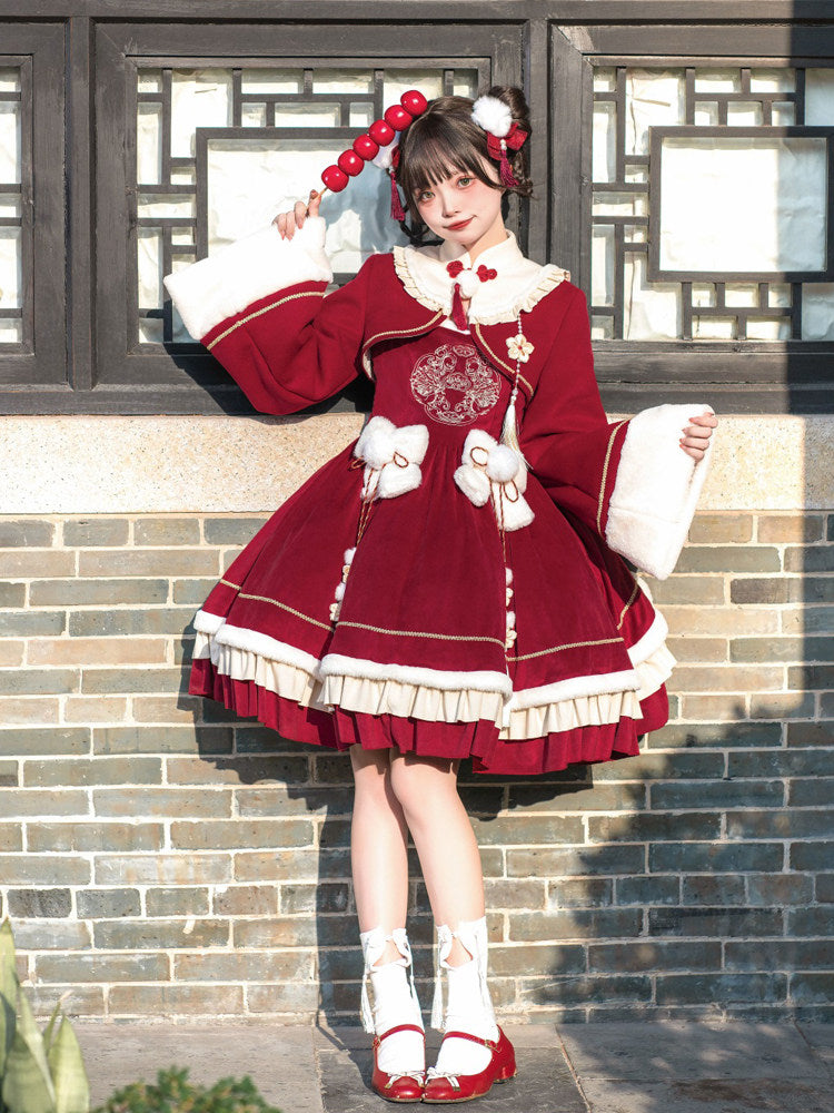 Chinese Style Red New Year Cape Dress Set YOU0236