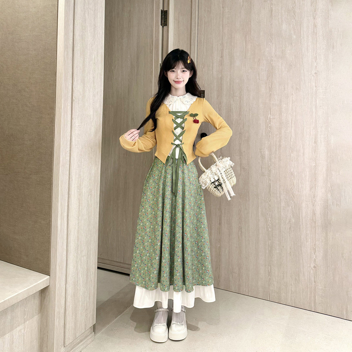 Vintage Lace-Up Cardigan Floral Midi Skirt Set BEL0042