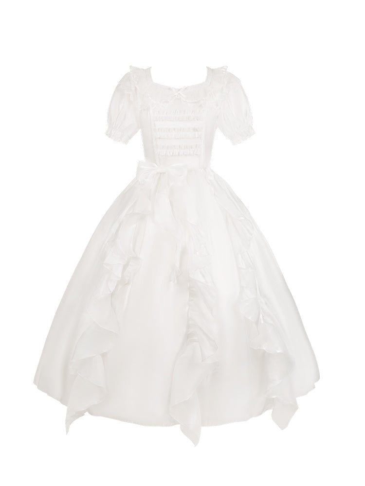 White Lace Satin Mid-Length Princess Line Dress WIT0220