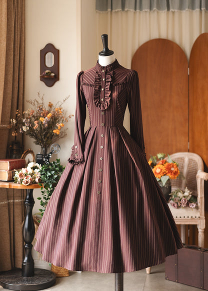 Vintage Striped High-Collar Long-Sleeve Dress FOR0064