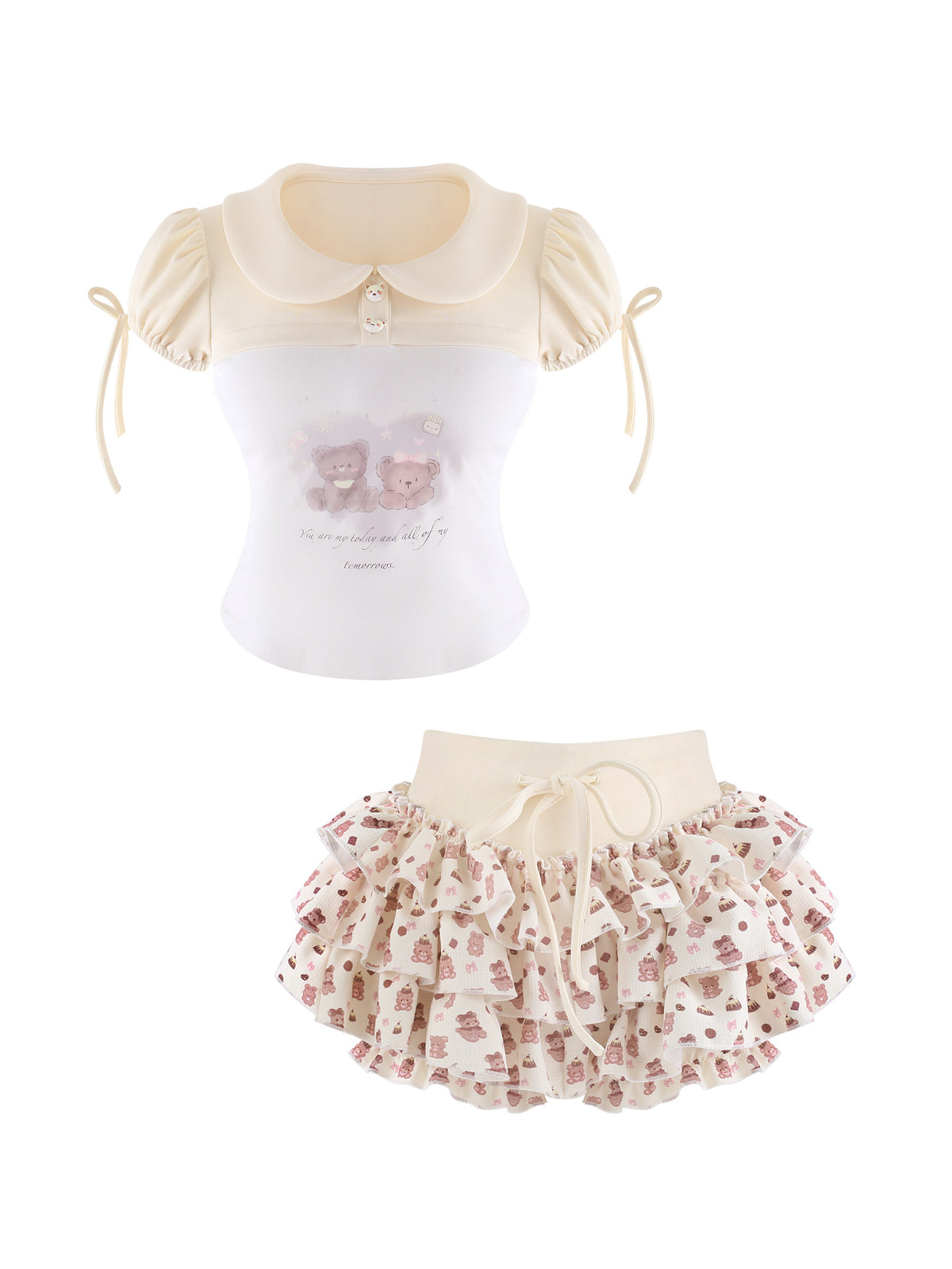Bear Print Collar Top And Tiered Skirt Set SER0168
