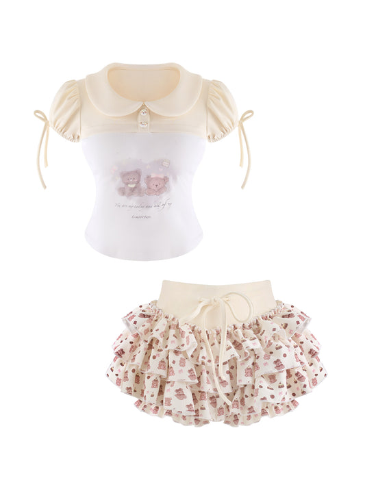 Bear Print Collar Top And Tiered Skirt Set SER0168