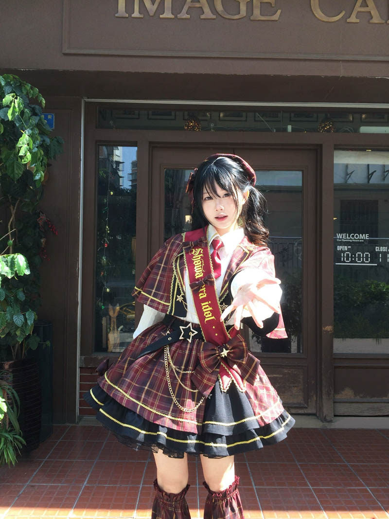 Plaid Cape Necktie Blouse With Tiered Skirt LAL0168