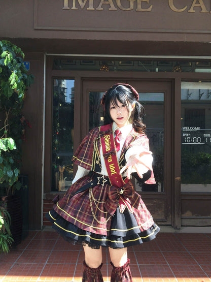 Plaid Cape Necktie Blouse With Tiered Skirt LAL0168