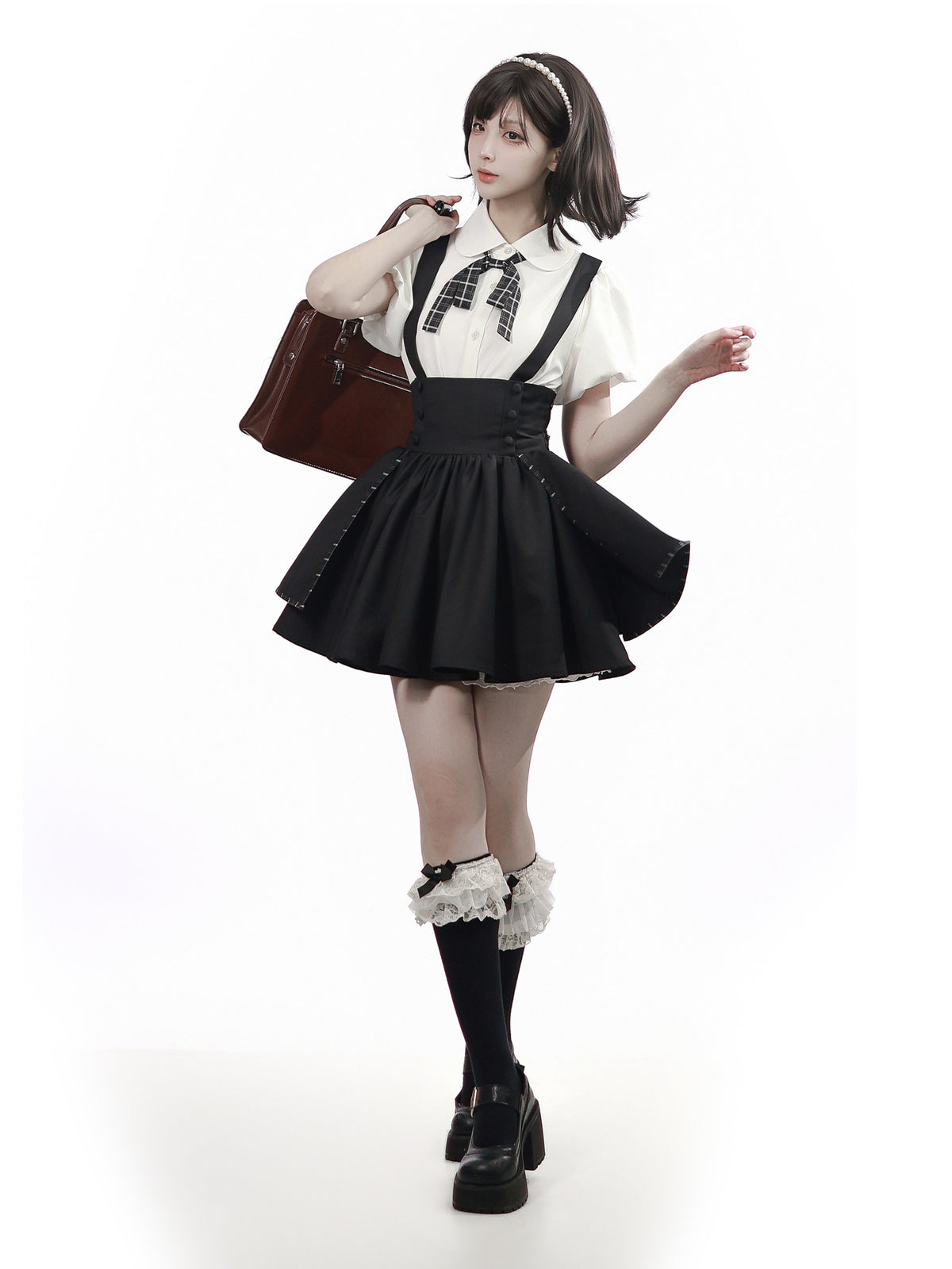 Preppy Embroidered Blouse And Suspender Skirt PIN0047