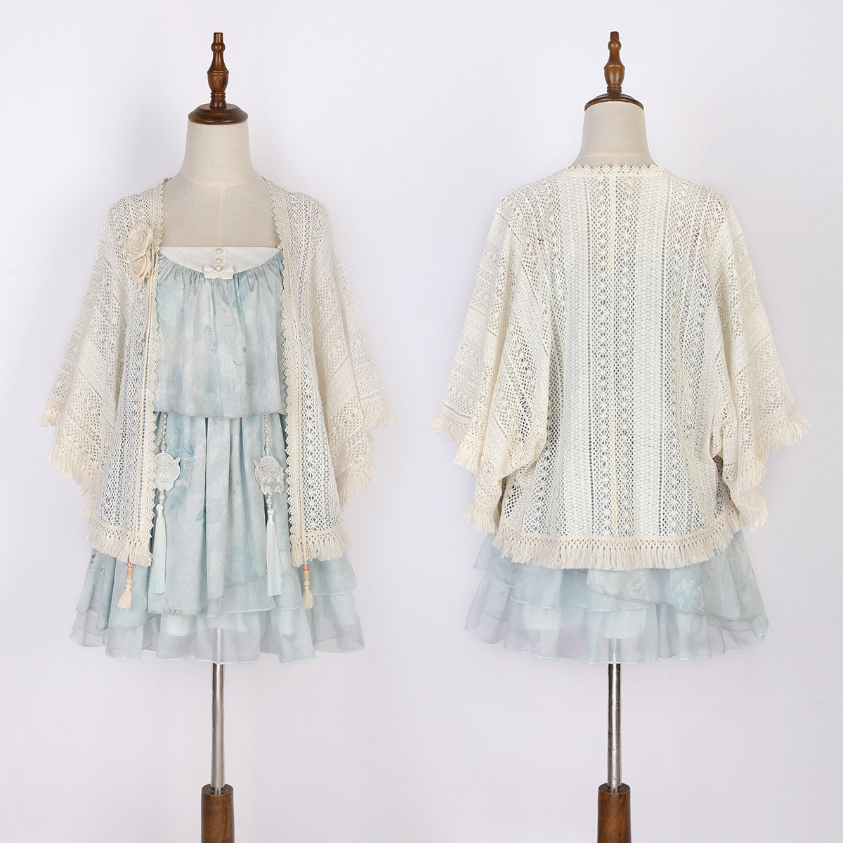 Tie-Dye Mint Camisole Dress With Crochet Shawl YOU0282