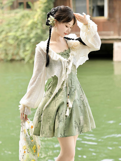Bamboo Print Chinese Style Sundress With Sheer Cardigan YOU0281