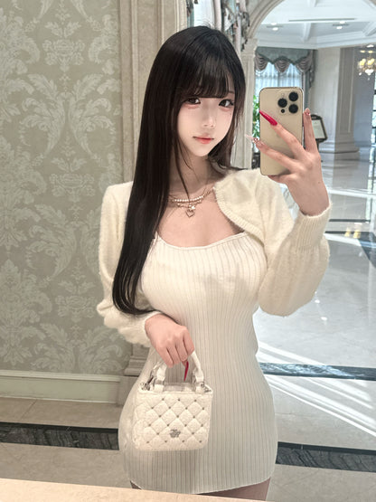 Ribbed Knit Bodycon Mini Dress With Cardigan KAN0010