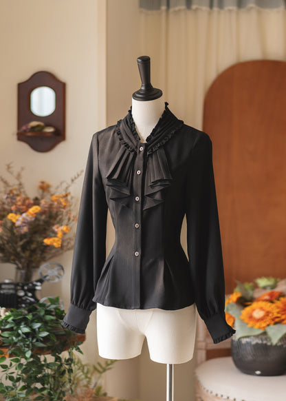 Vintage Ruffled Bow Collar Waist Shirt FOR0079