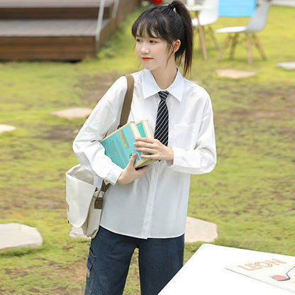 2022年秋の新しい韓国スタイル プレッピーなヴィンテージシフォン白シャツ 女性用長袖学生服 ネクタイシャツ