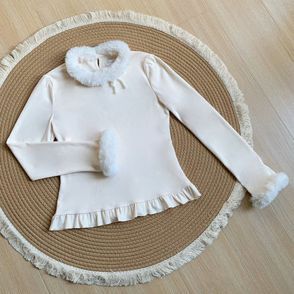 Fur Trim Ruffle Hem Knit Top WIT0299