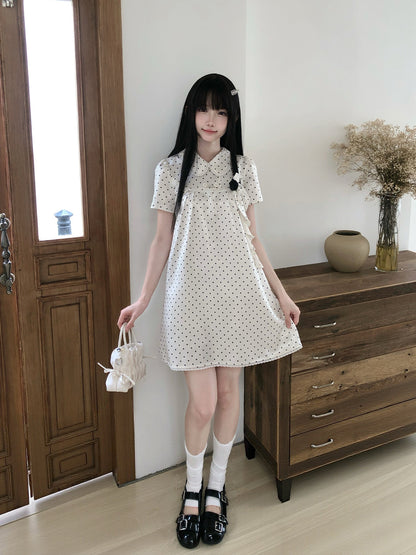 Polka Dot Doll Collar Puff Sleeve Dress LAL0232
