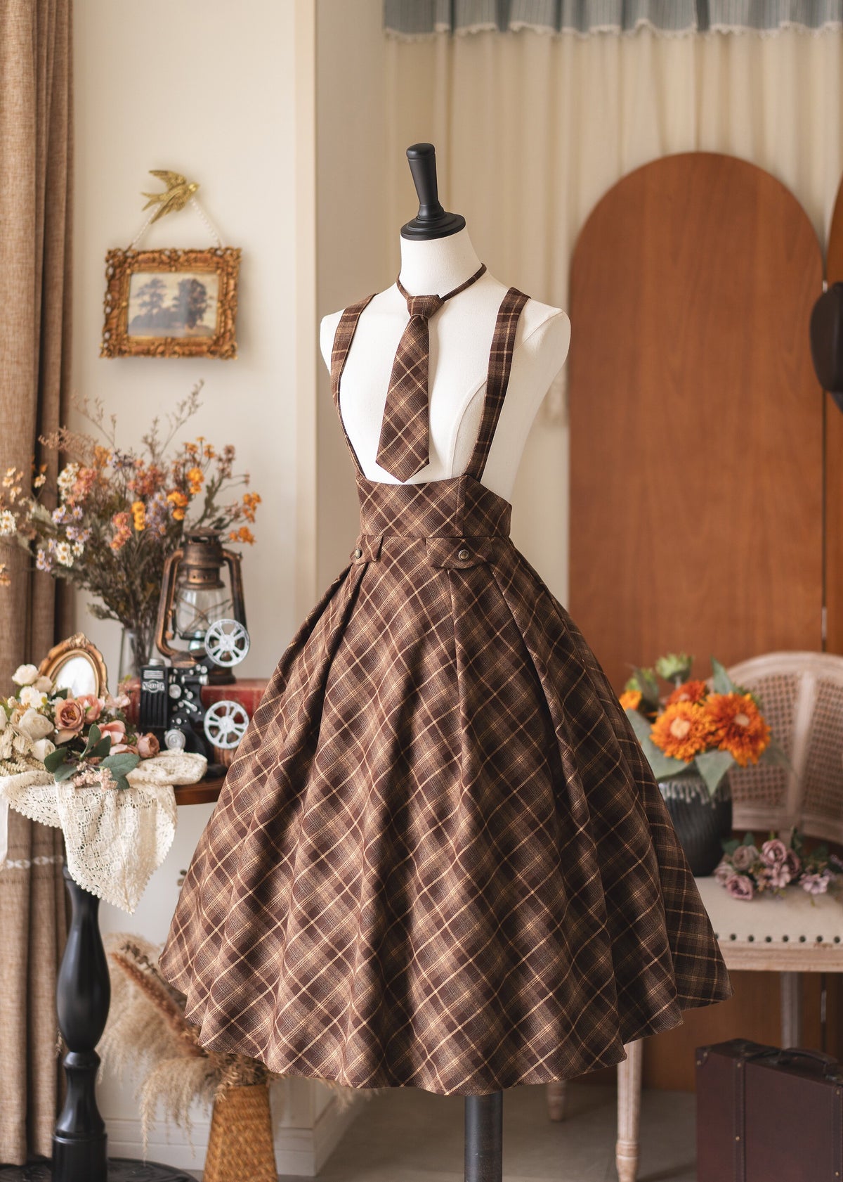 British Vintage Plaid College Suspender Skirt FOR0078