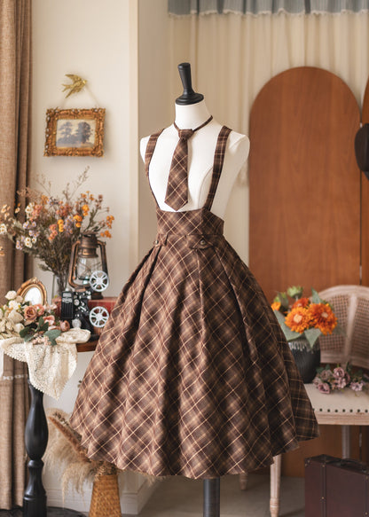 British Vintage Plaid College Suspender Skirt FOR0078