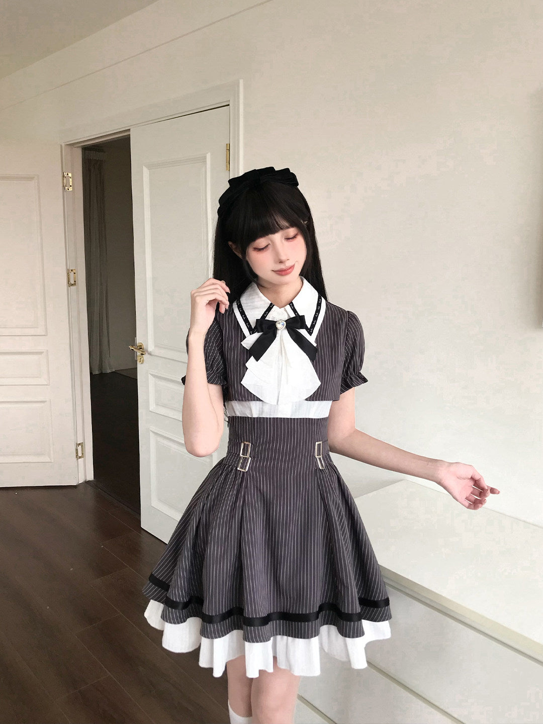 Pinstripe Peter Pan Collar Dress With Ribbon Tie LAL0189