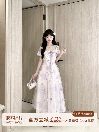 Off-Shoulder Floral Mesh Fairy Maxi Dress BEL0040