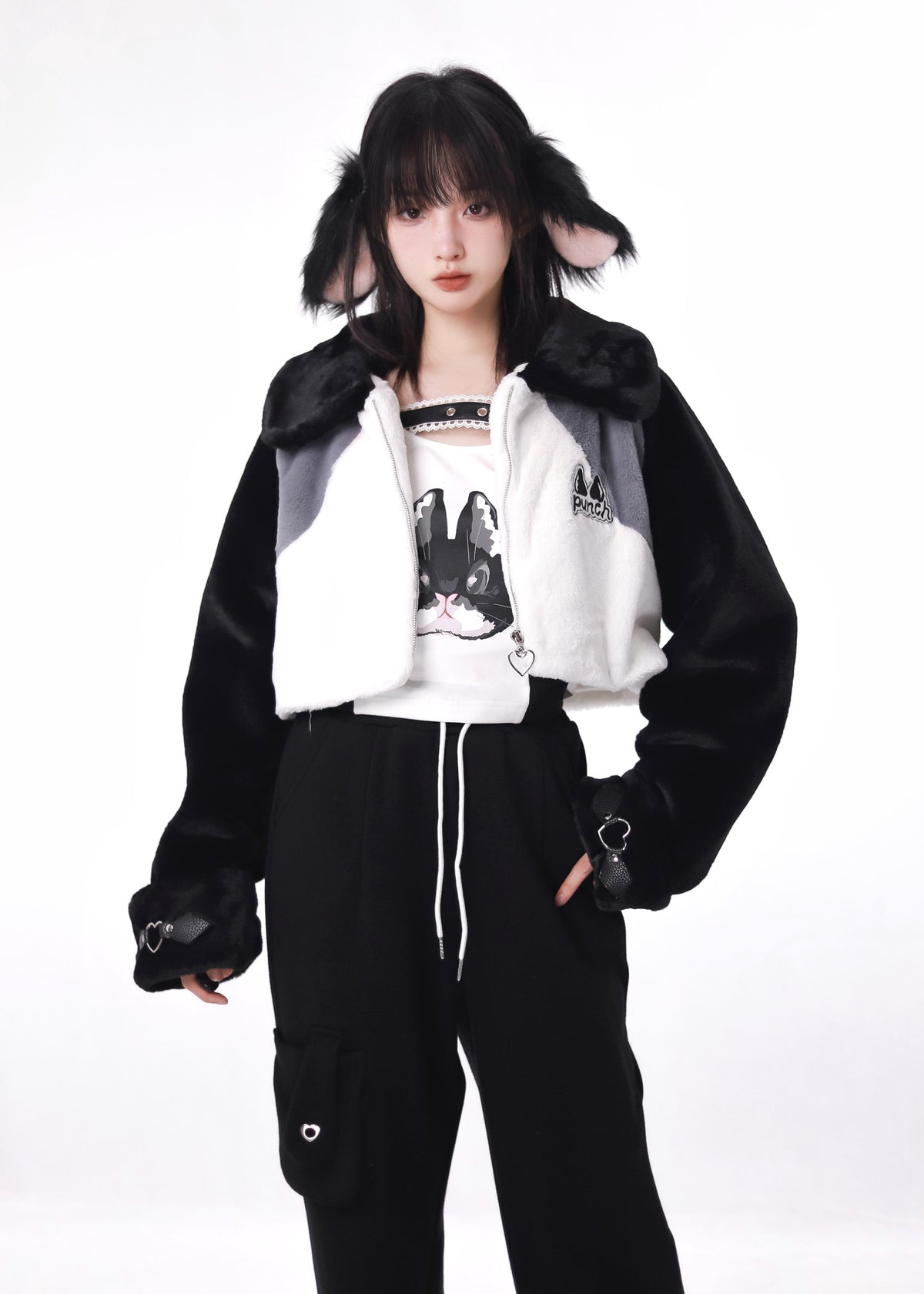 Fur Hood Lace-Up Cargo Pants Set PIN0034