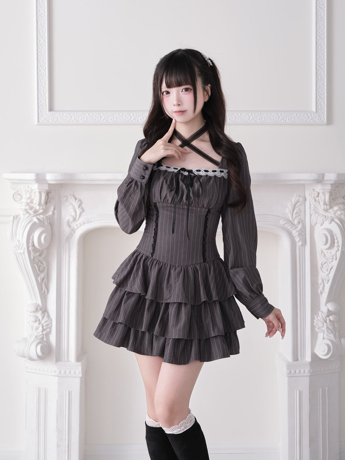 Crisscross Strap Plaid Tiered Dress NOG0028