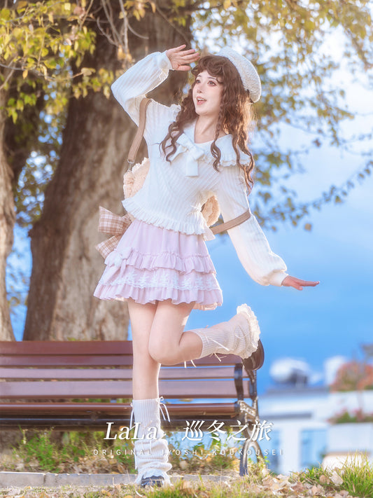 Ruffle Collar Bow Knit Sweater With Tiered Skirt LAL0162