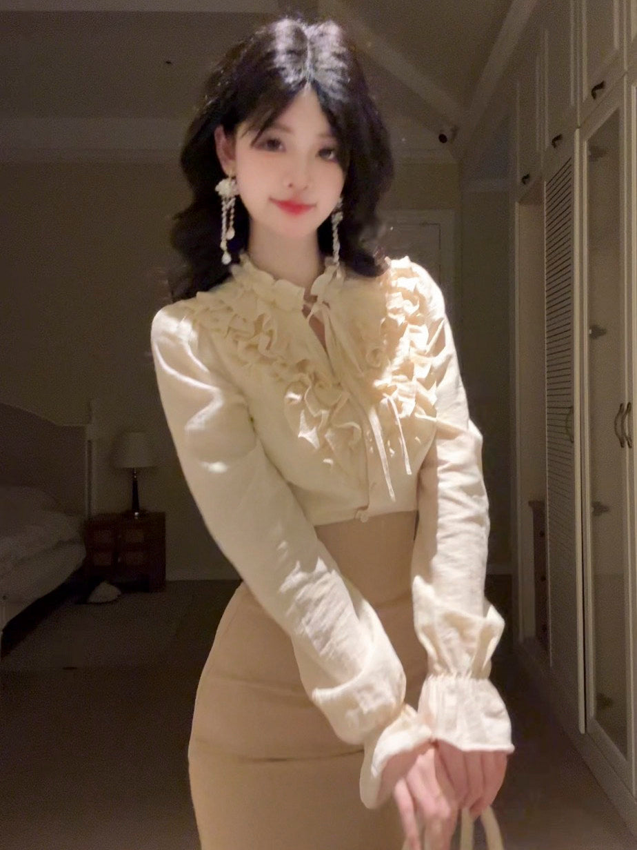 Ruffle Collar Blouse High Waist Mermaid Skirt Set BEL0023