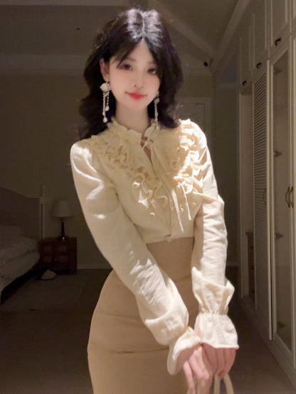 Ruffle Collar Blouse High Waist Mermaid Skirt Set BEL0023