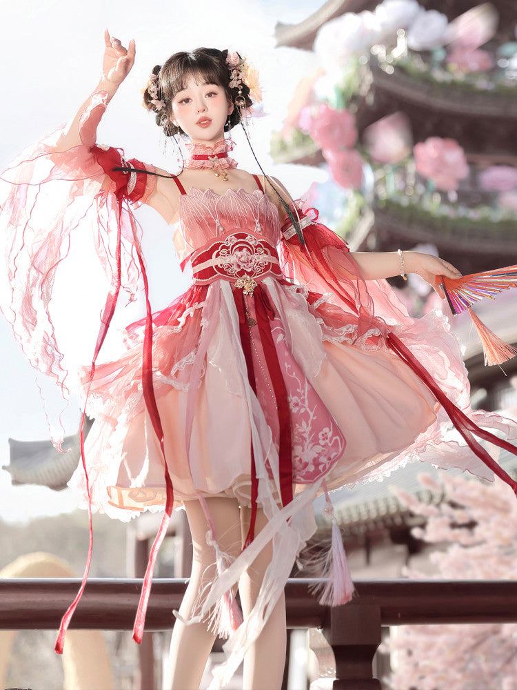 Chinese Style Pink Ombre Feather-Sleeve Dress YOU0298